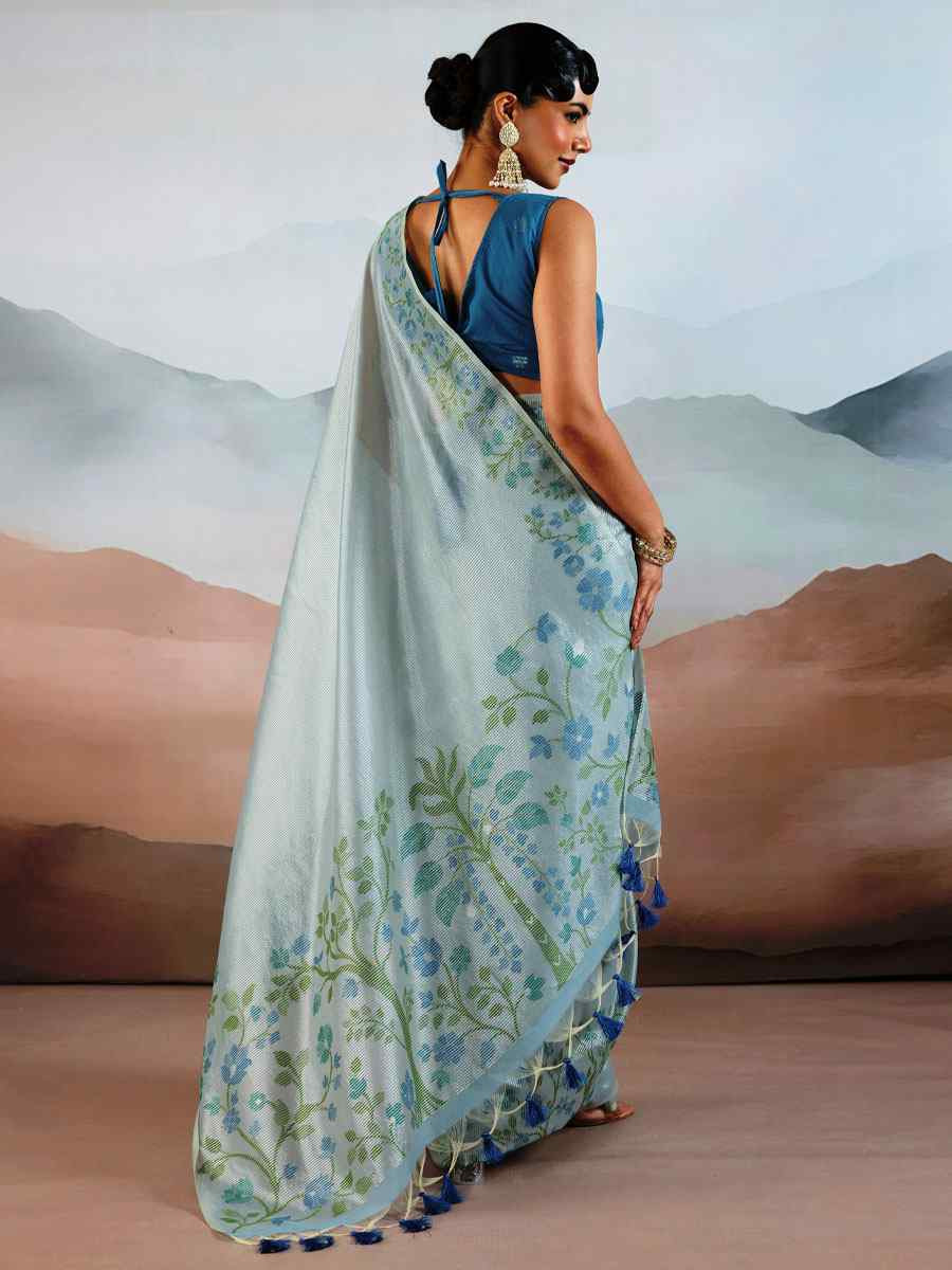 Turquoise Tissue Silk Handwoven Traditional Casual Reception Festival Wedding Fancy Heavy Border Saree