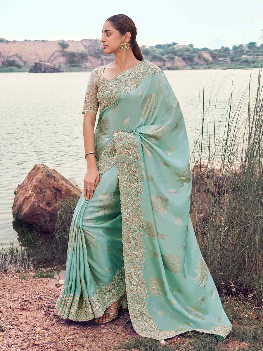 Turquoise Tissue Silk With Jacquard Embroidery Bridal Reception Festival Wedding Fancy Heavy Border Saree