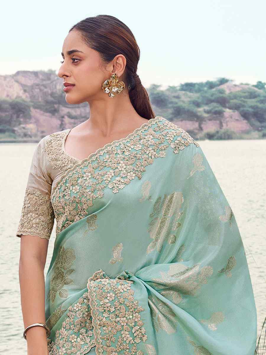 Turquoise Tissue Silk With Jacquard Embroidery Bridal Reception Festival Wedding Fancy Heavy Border Saree