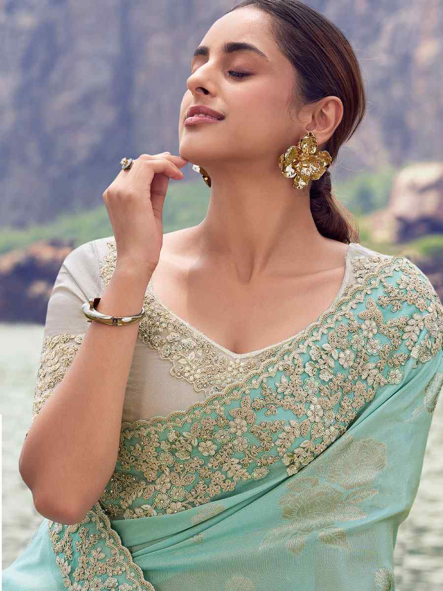 Turquoise Tissue Silk With Jacquard Embroidery Bridal Reception Festival Wedding Fancy Heavy Border Saree