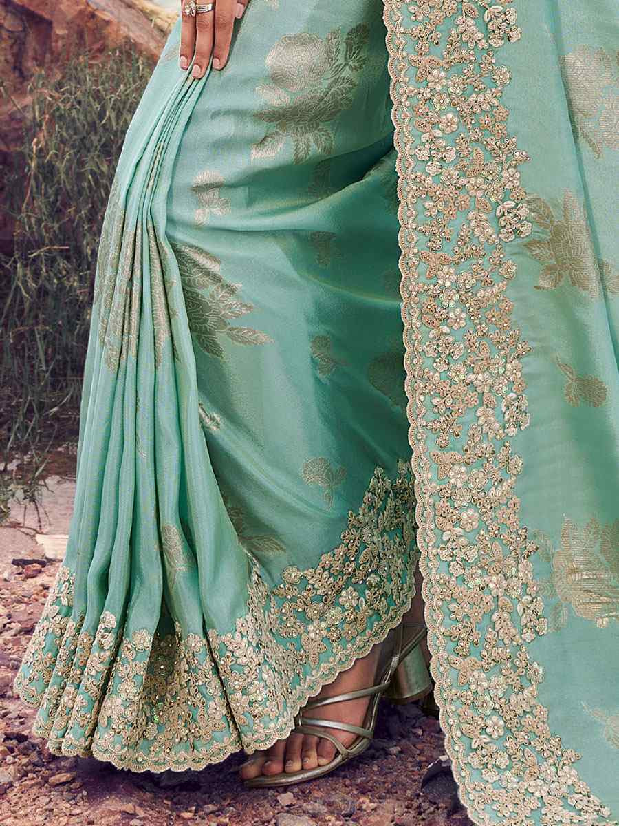 Turquoise Tissue Silk With Jacquard Embroidery Bridal Reception Festival Wedding Fancy Heavy Border Saree