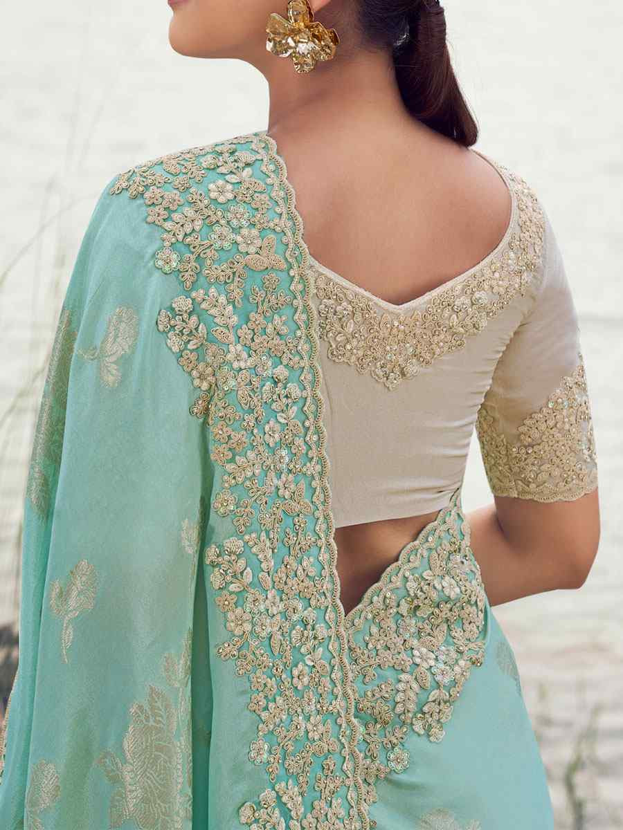 Turquoise Tissue Silk With Jacquard Embroidery Bridal Reception Festival Wedding Fancy Heavy Border Saree