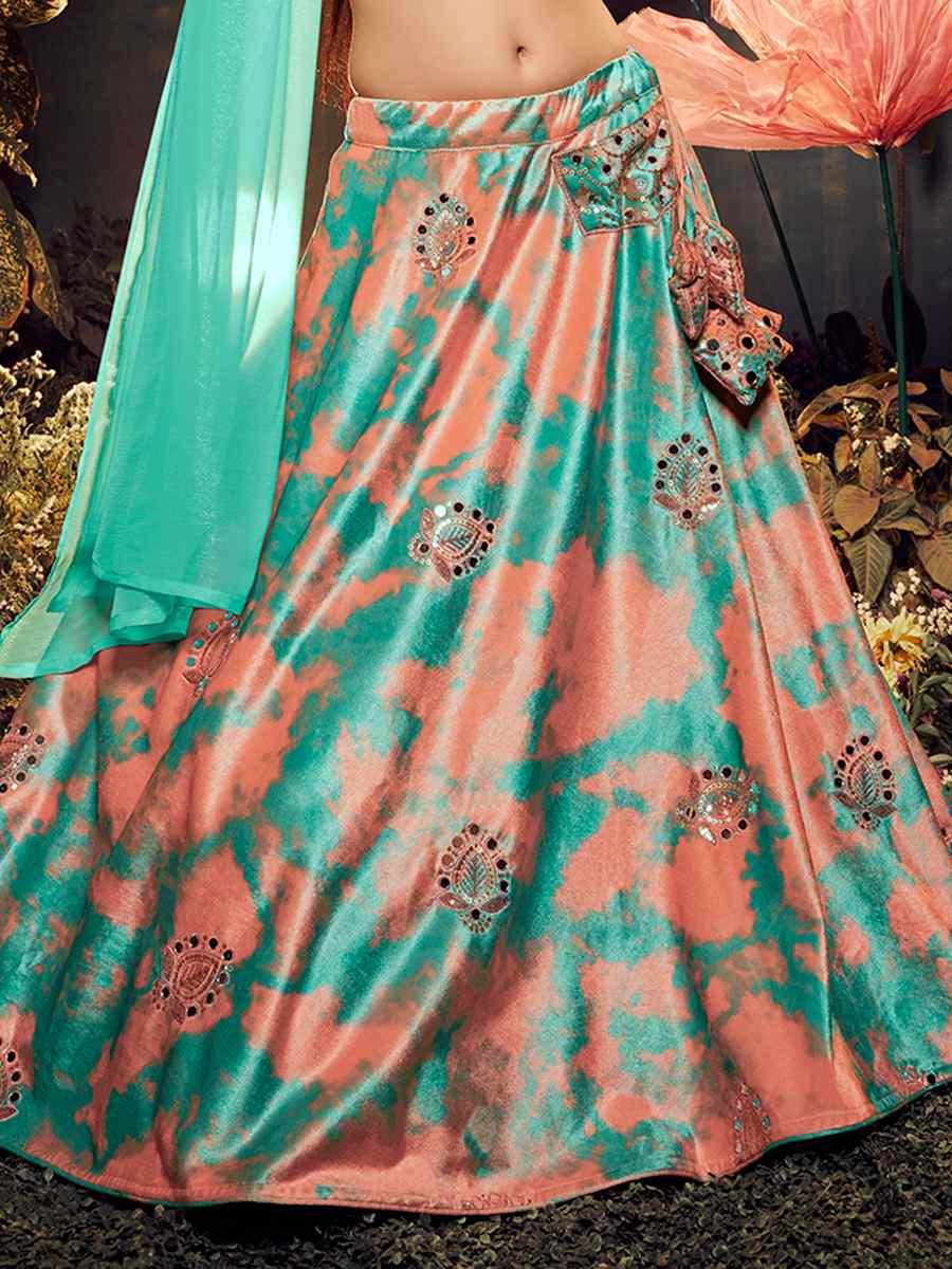 Turquoise Velvet Embroidered Festival Party Wear Circular Lehenga Choli