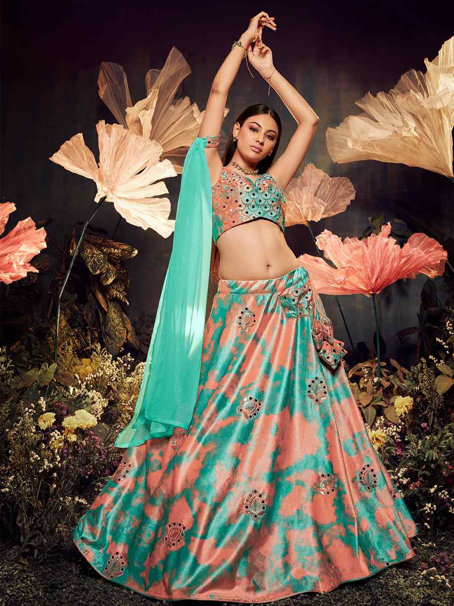 Turquoise Velvet Embroidered Festival Party Wear Circular Lehenga Choli