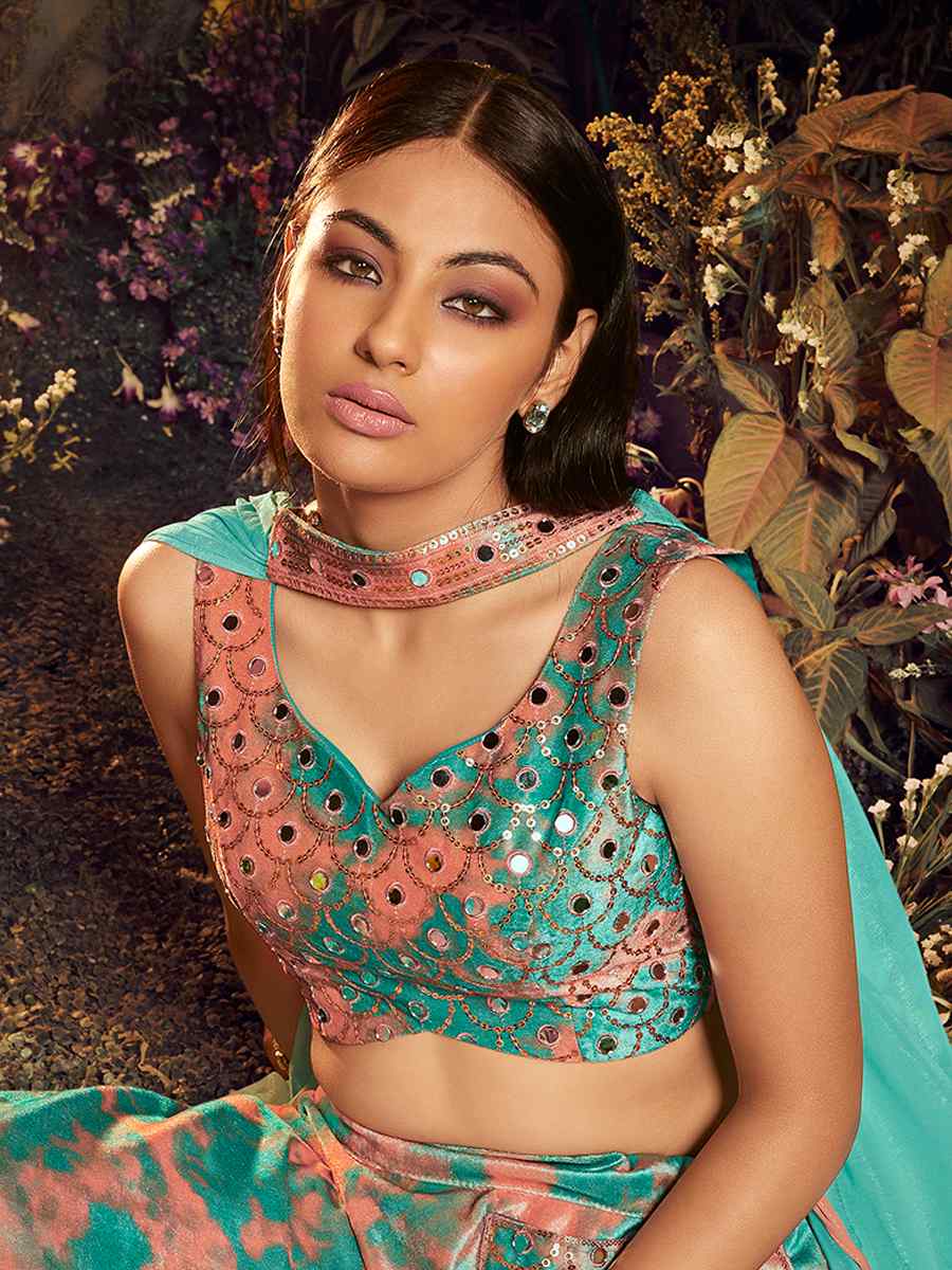 Turquoise Velvet Embroidered Festival Party Wear Circular Lehenga Choli
