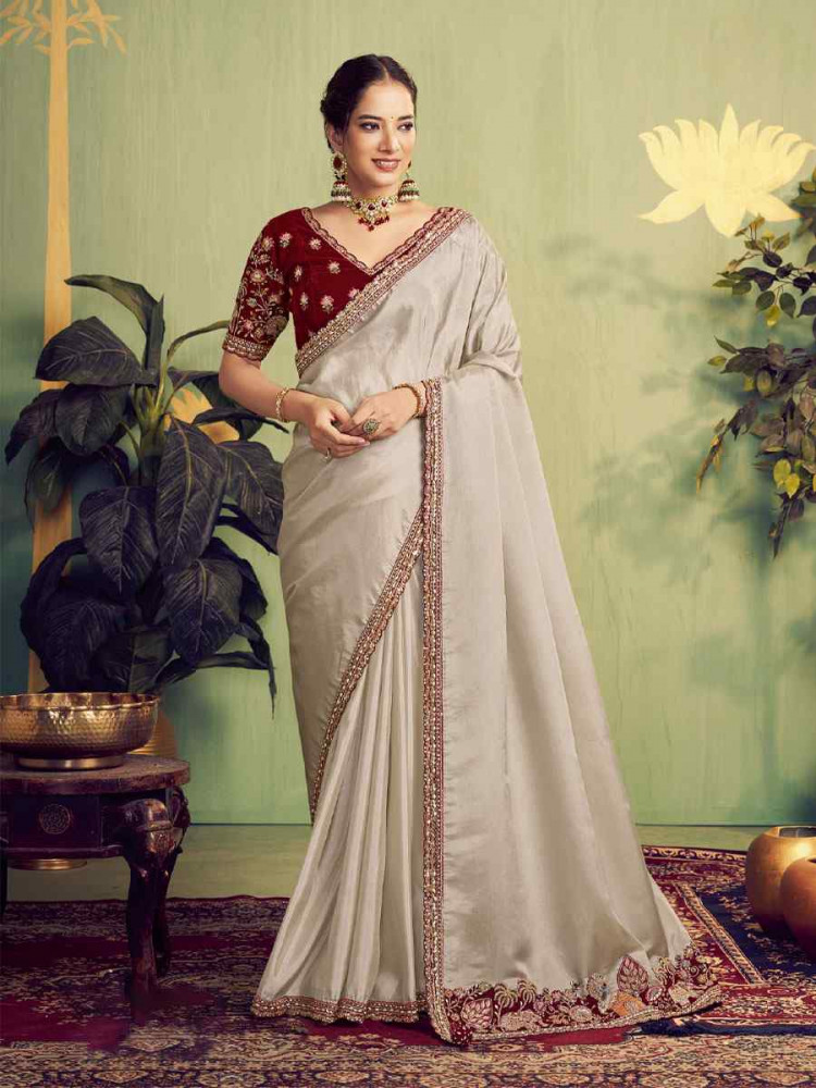 Image of Tusser Upada Silk Embroidery Bridal Reception Party Festival Wedding Fancy Heavy Border Sarees