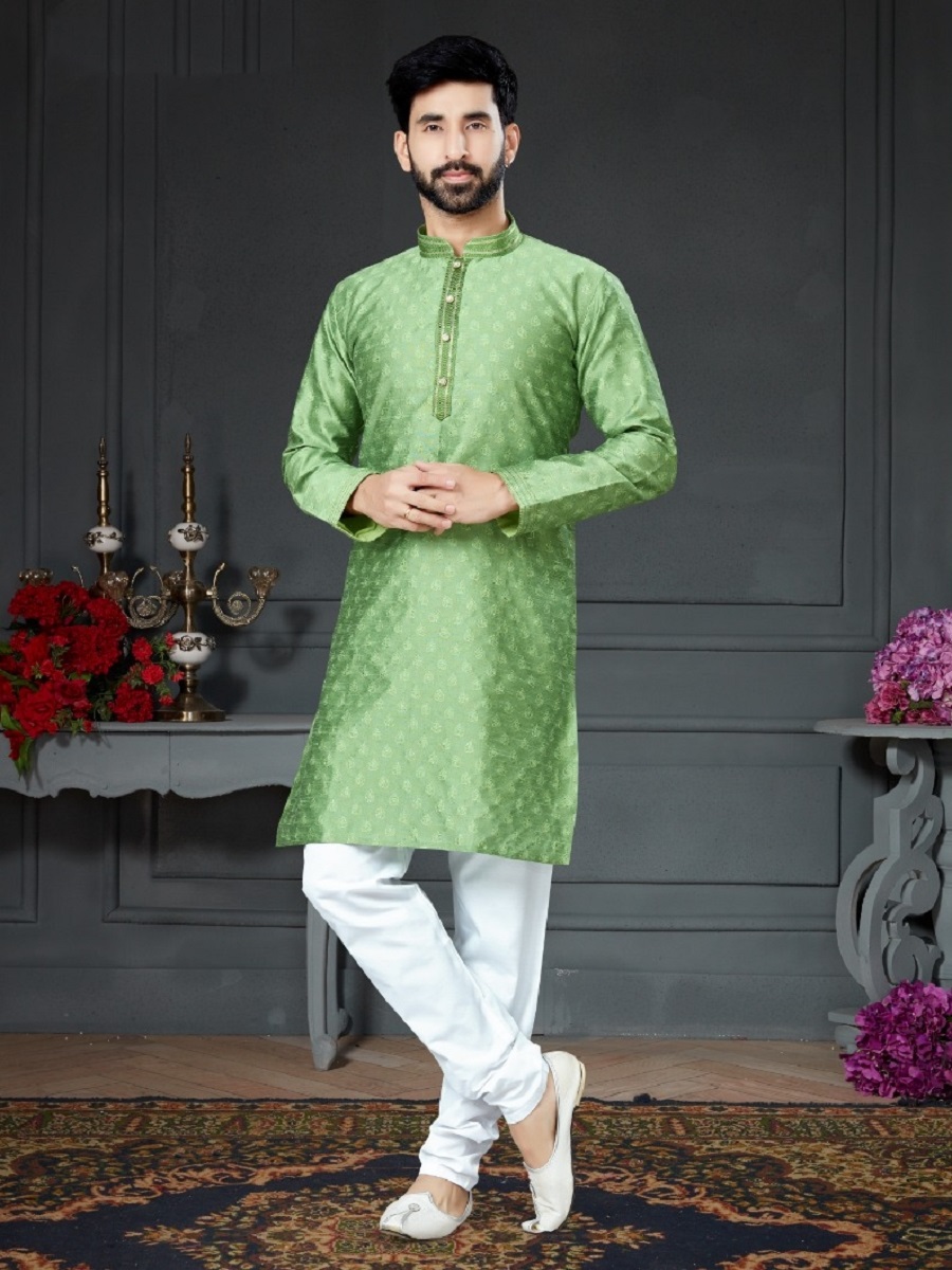 Light Pista Silk Woven Festival Mens Kurta