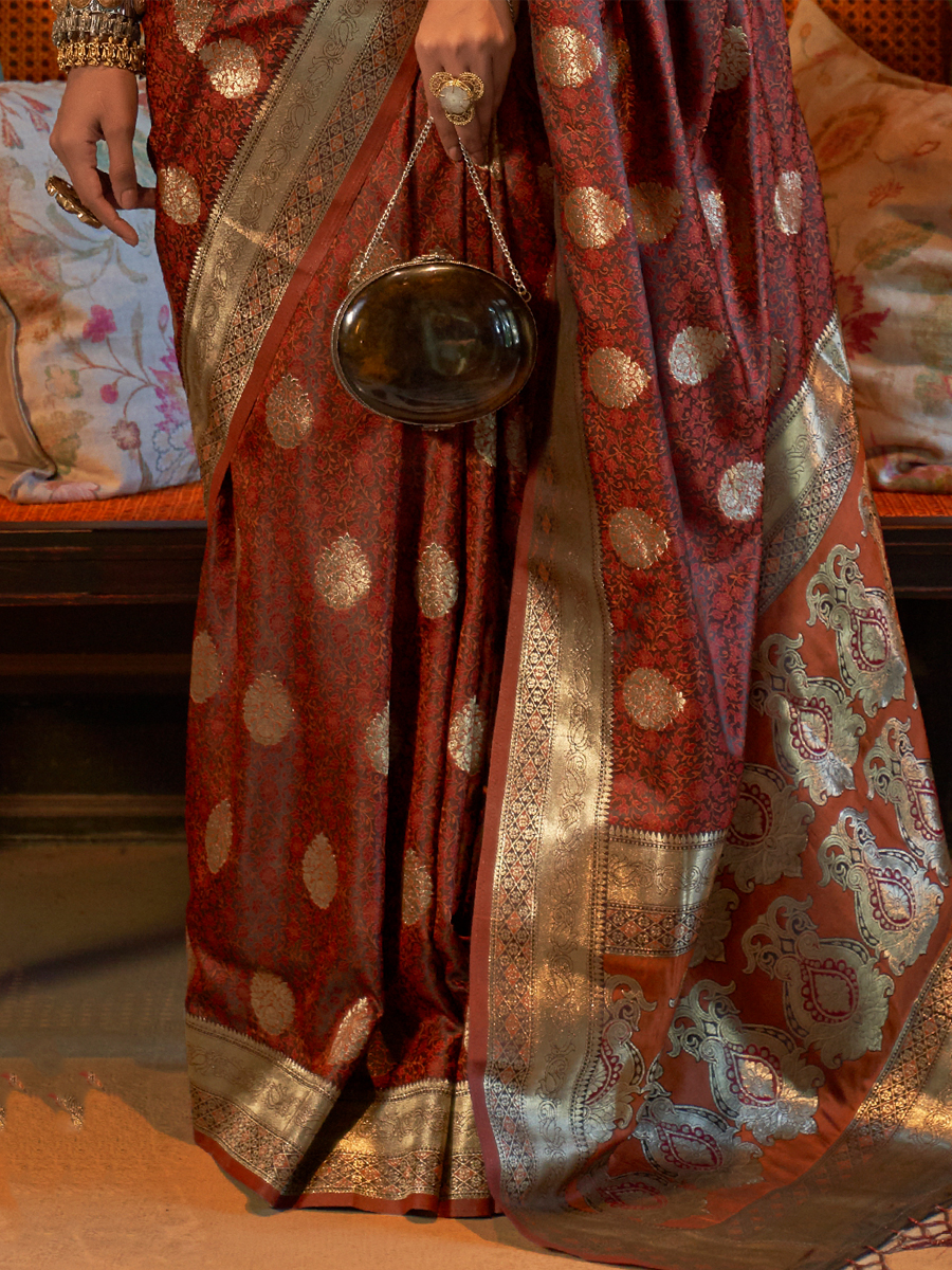 Van Cleef Brown Pure Satin Silk Handwoven Wedding Festival Heavy Border Saree