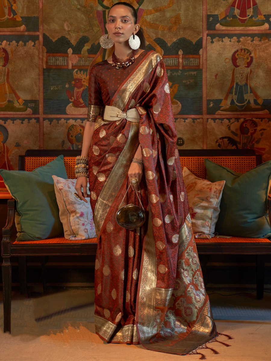 Van Cleef Brown Pure Satin Silk Handwoven Wedding Festival Heavy Border Saree