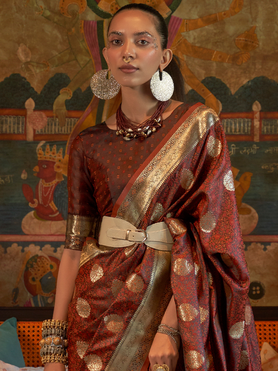 Van Cleef Brown Pure Satin Silk Handwoven Wedding Festival Heavy Border Saree