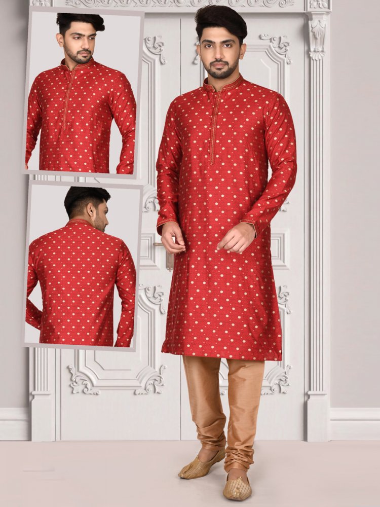 Venetian Red Brocade Embroidered Festival Kurta