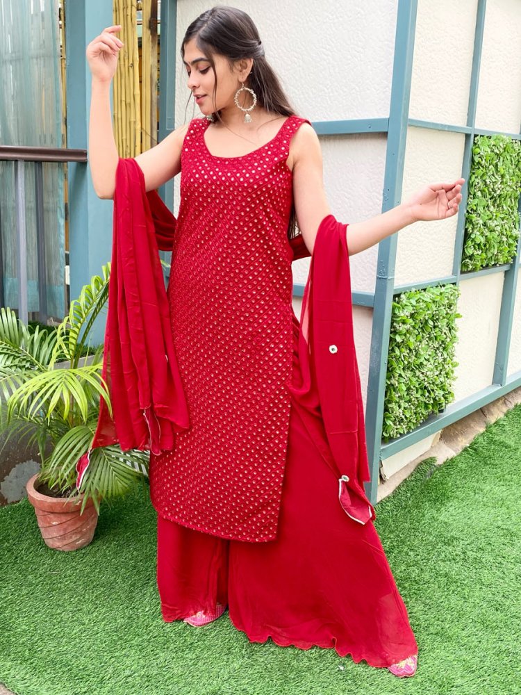 Venetian Red Faux Georgette Embroidered Party Palazzo Pant Kameez