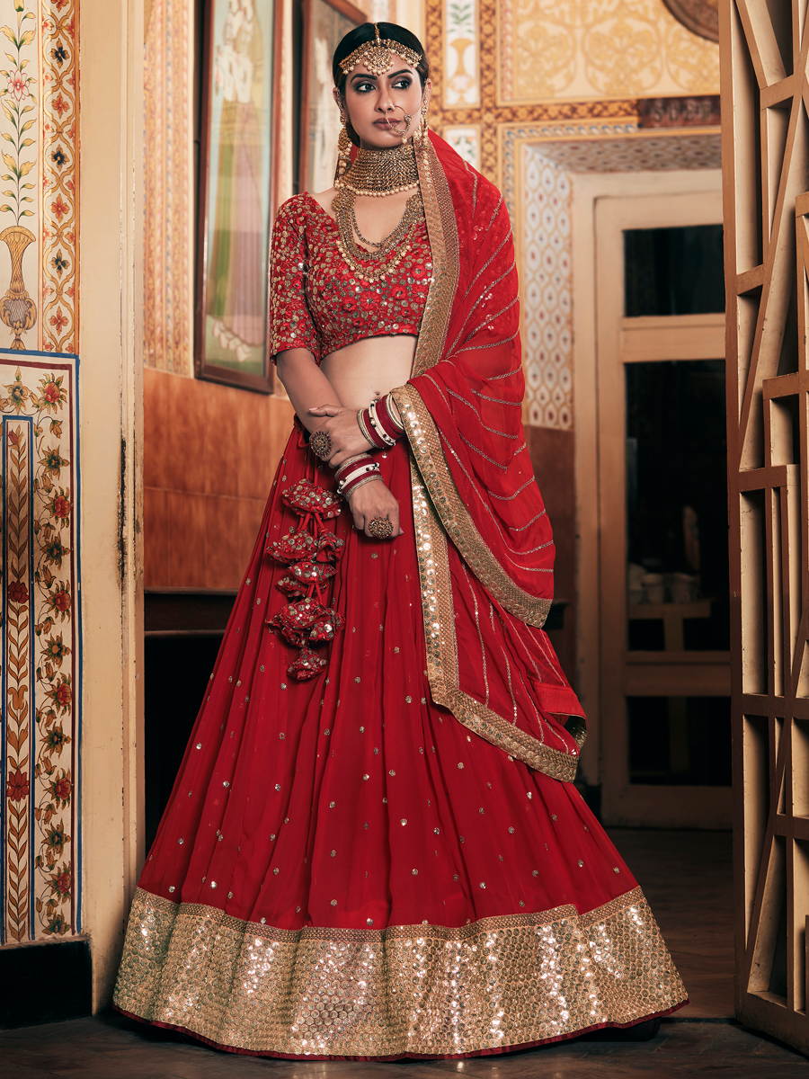 Venetian Red Georgette Embroidered Party Lehenga Choli