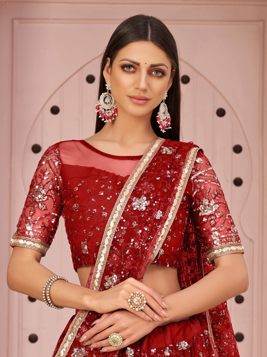 Venetian Red Net Embroidered Party Lehenga Choli