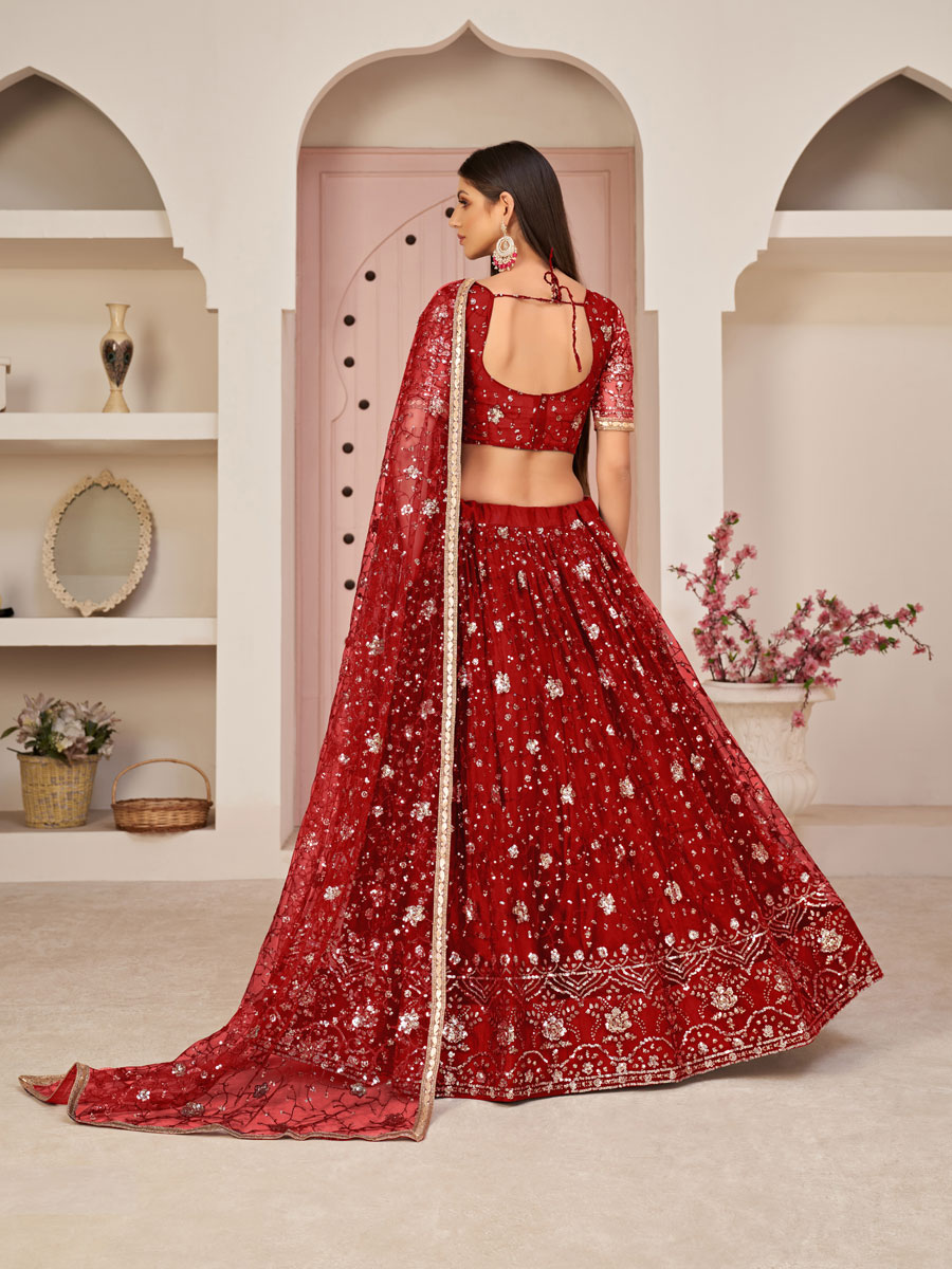 Venetian Red Net Embroidered Party Lehenga Choli
