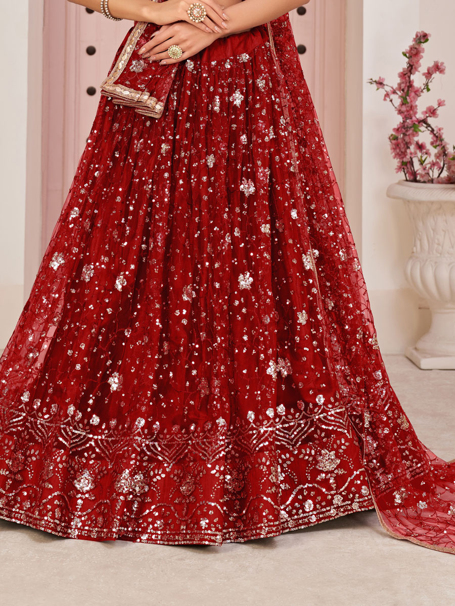Venetian Red Net Embroidered Party Lehenga Choli