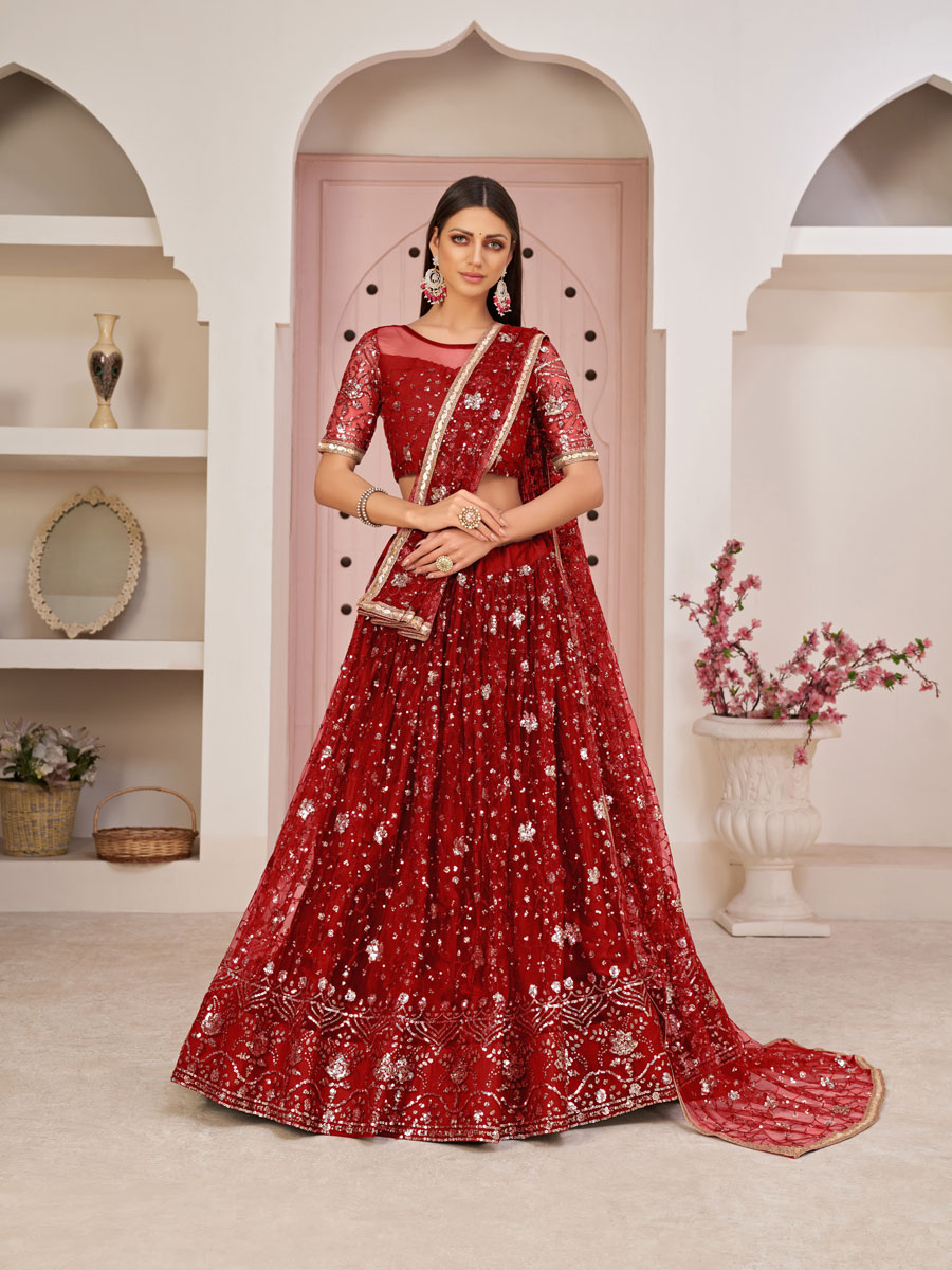 Venetian Red Net Embroidered Party Lehenga Choli