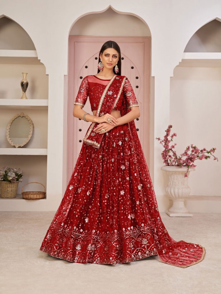 Venetian Red Net Embroidered Party Lehenga Choli