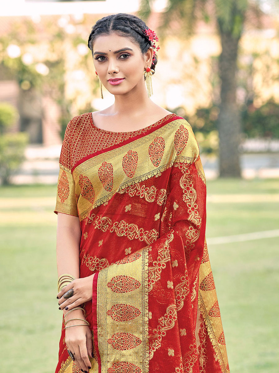 Venetian Red Organza Handwoven Festival Saree