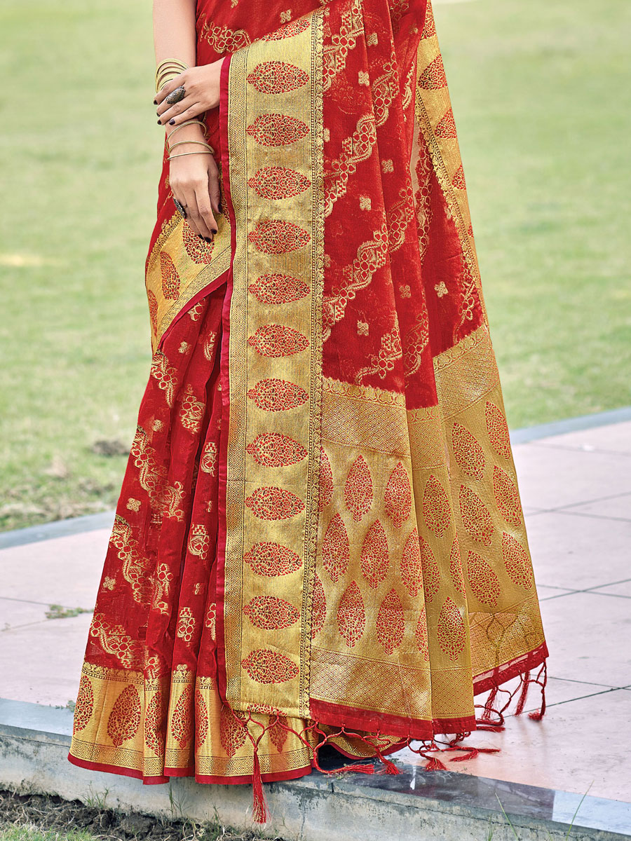 Venetian Red Organza Handwoven Festival Saree