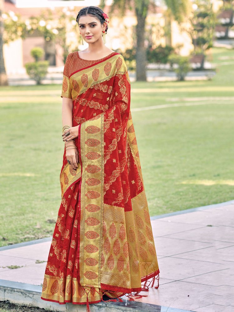 Venetian Red Organza Handwoven Festival Saree