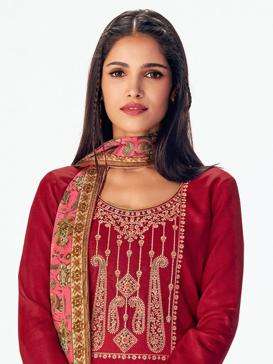 Venetian Red Premium Tussah Silk Embroidered Party Pant Kameez