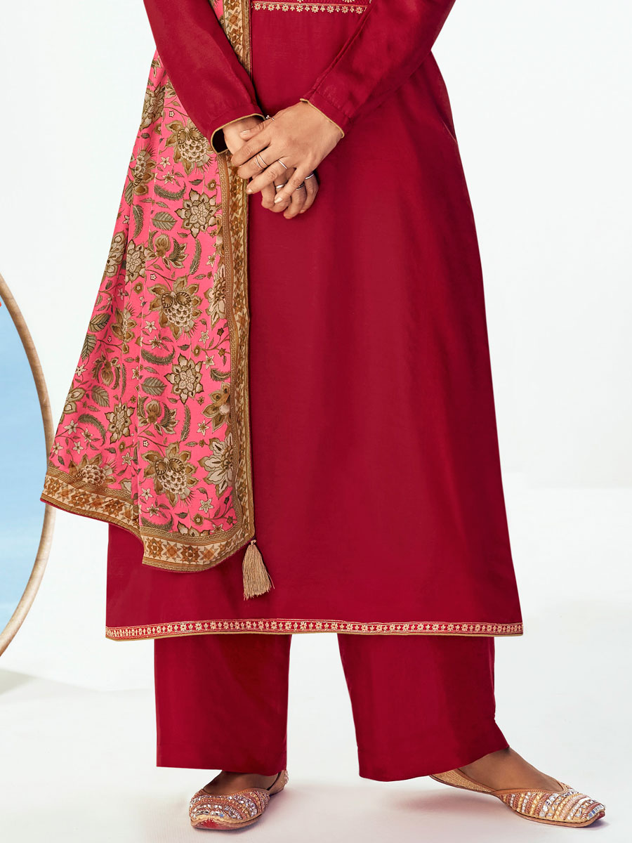 Venetian Red Premium Tussah Silk Embroidered Party Pant Kameez