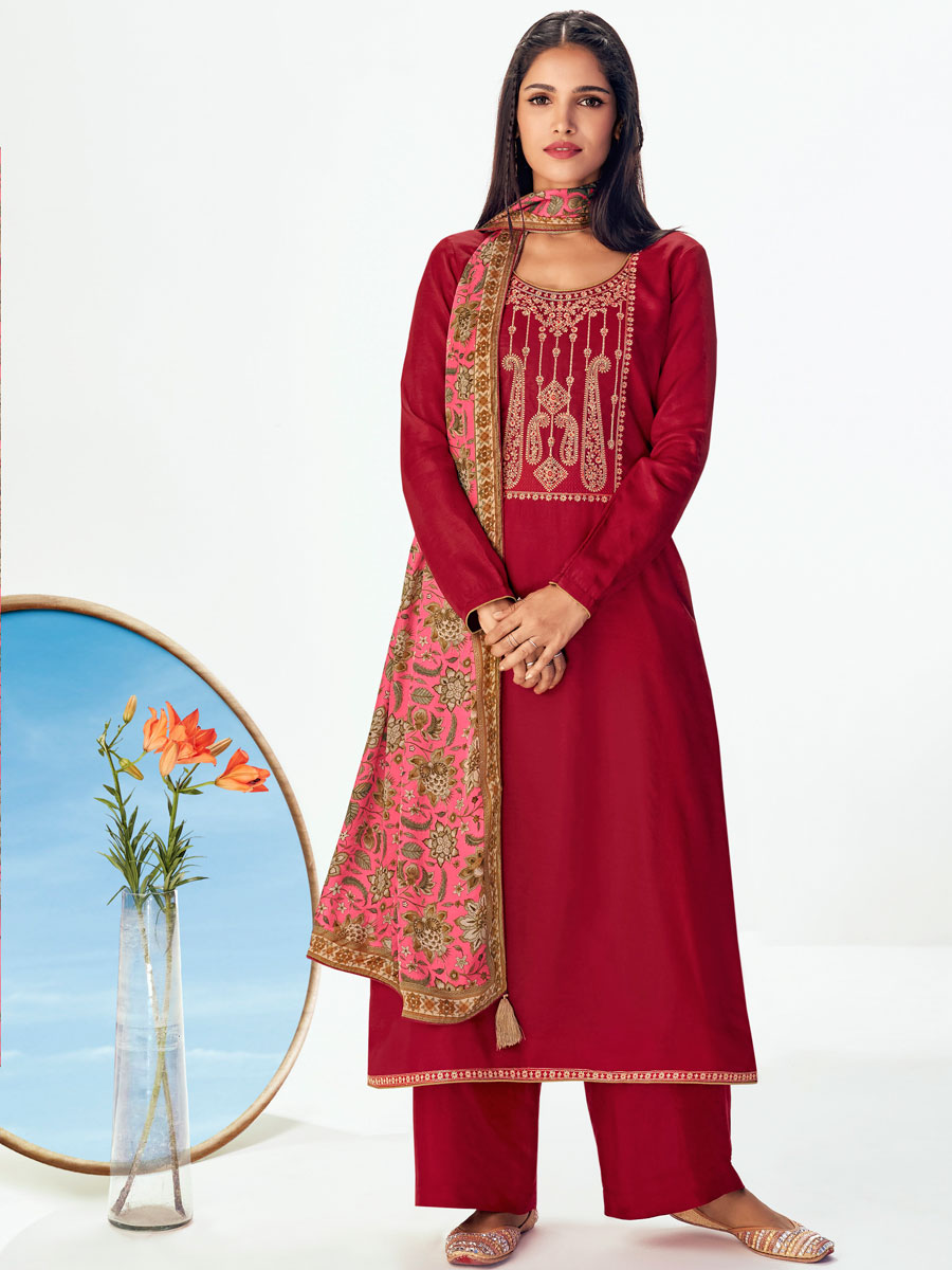 Venetian Red Premium Tussah Silk Embroidered Party Pant Kameez