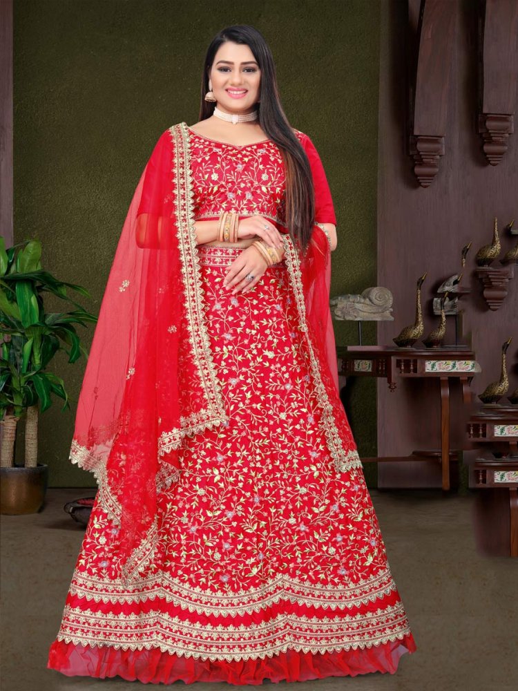 Venetian Red Satin Silk Embroidered Party Lehenga Choli