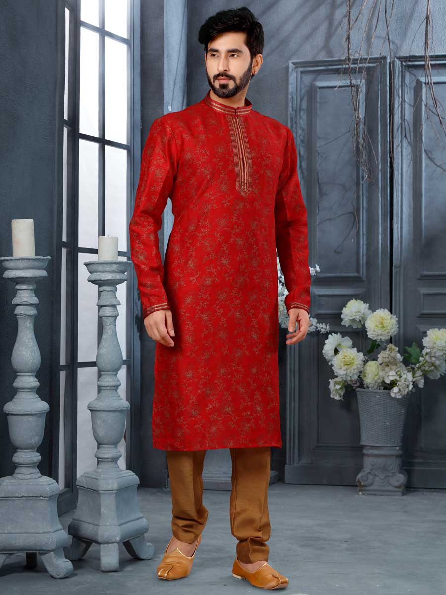 Venetian Red Silk Embroidered Festival Kurta Set