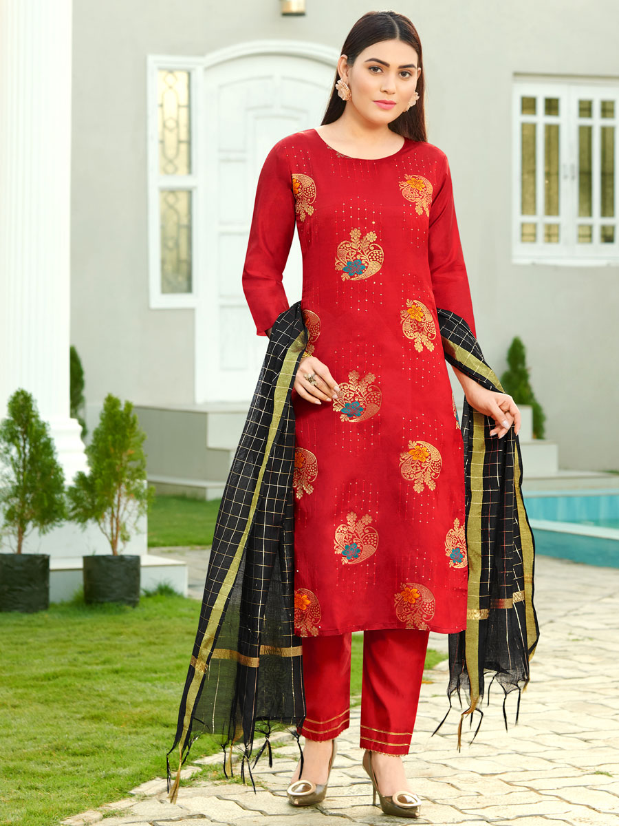 Venetian Red Silk Handwoven Festival Pant Kameez