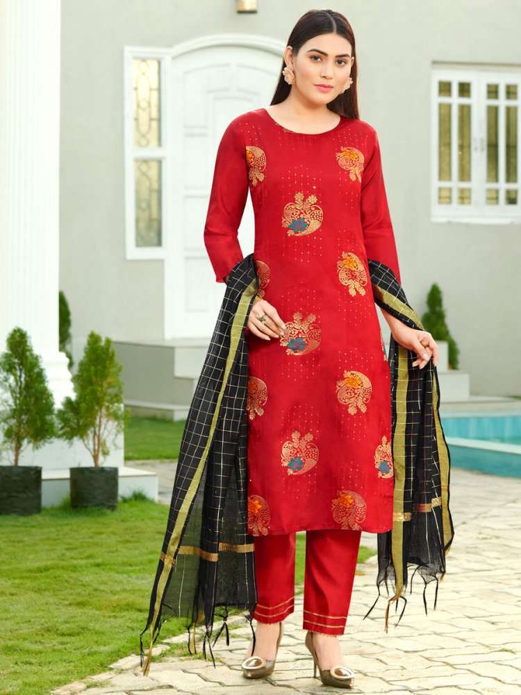 Venetian Red Silk Handwoven Festival Pant Kameez