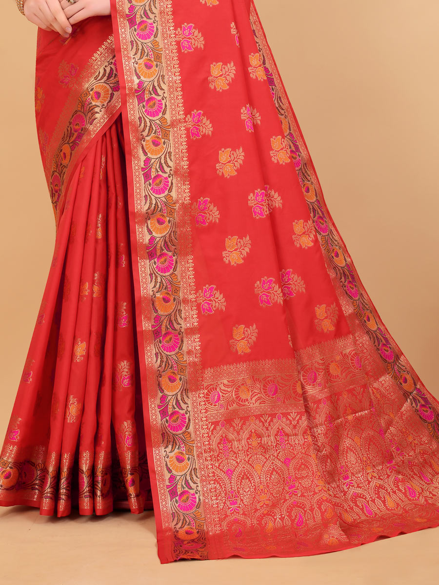 Vermilion Red Brocade Silk Handwoven Festival Saree