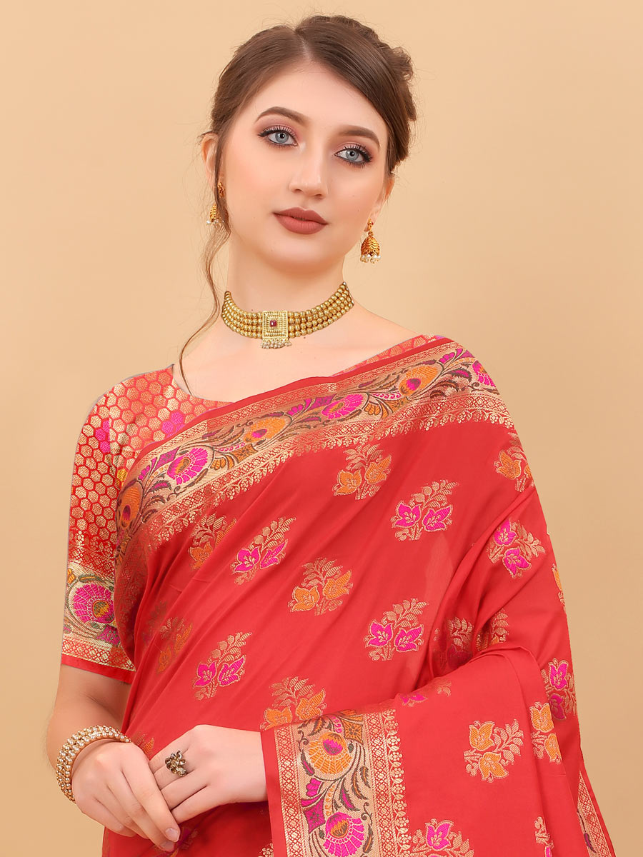 Vermilion Red Brocade Silk Handwoven Festival Saree