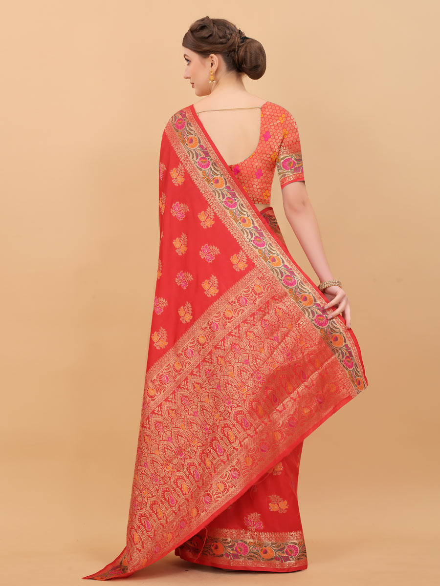 Vermilion Red Brocade Silk Handwoven Festival Saree