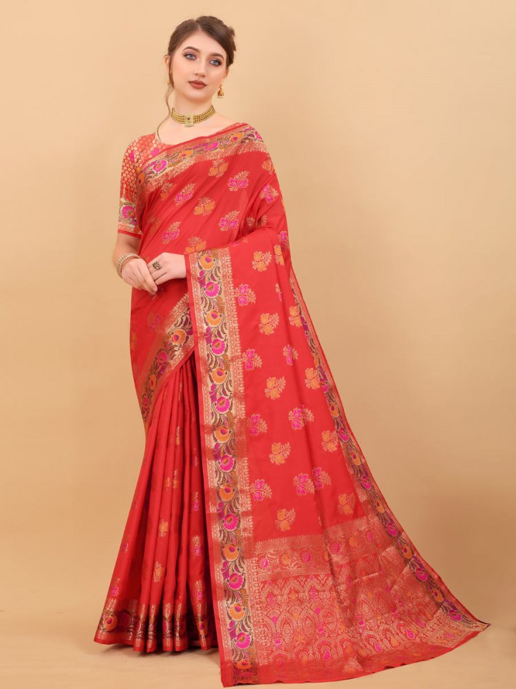 Vermilion Red Brocade Silk Handwoven Festival Saree