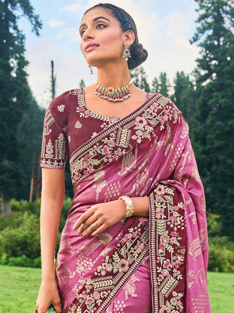 Violet Banglory Silk Embroidered Bridesmaid Reception Heavy Border Saree