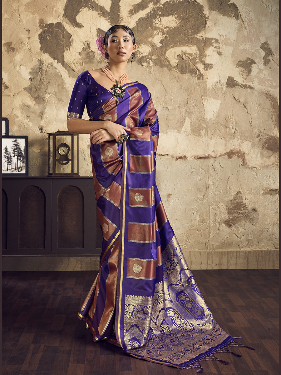 Violet-Blue Pure Satin Handwoven Wedding Reception Party Festival Casual Heavy Border Sarees