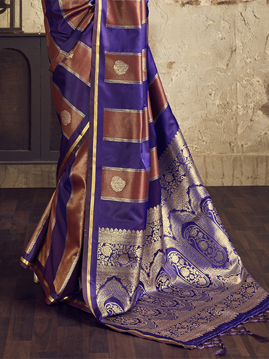 Violet-Blue Pure Satin Handwoven Wedding Reception Party Festival Casual Heavy Border Sarees