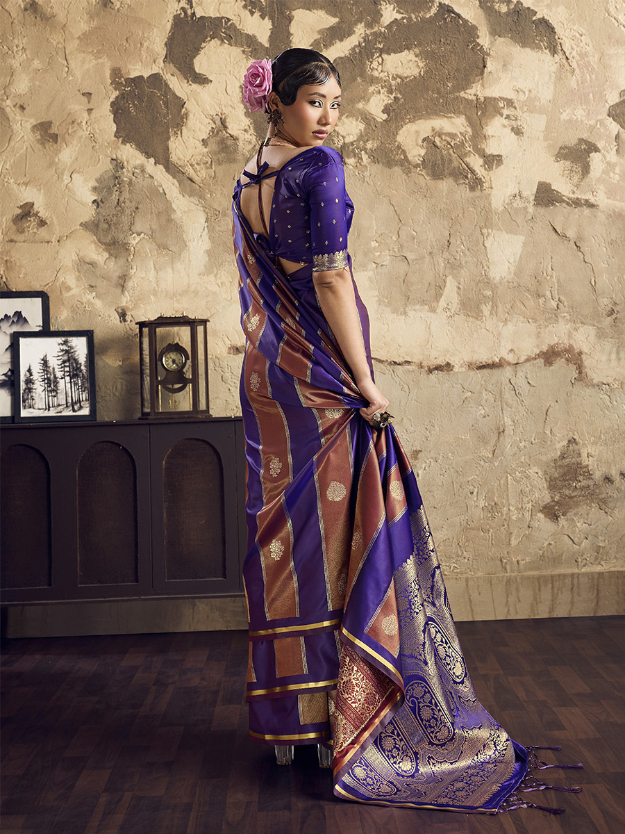 Violet-Blue Pure Satin Handwoven Wedding Reception Party Festival Casual Heavy Border Sarees