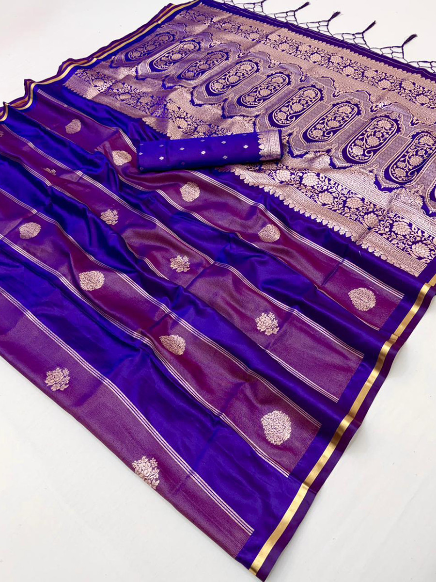 Violet-Blue Pure Satin Handwoven Wedding Reception Party Festival Casual Heavy Border Sarees