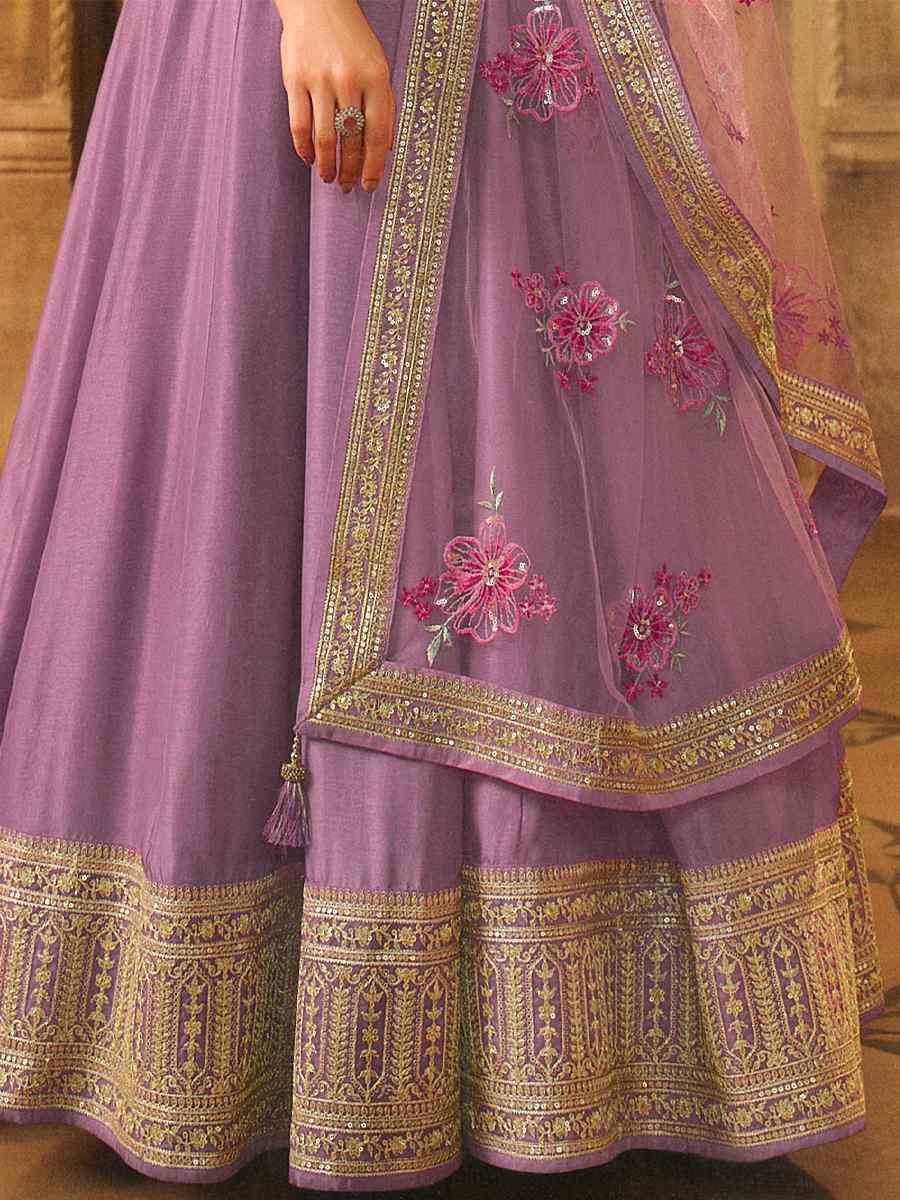 Violet Dola Silk Embroidered Festival Wedding Anarkali Bollywood Style Salwar Kameez