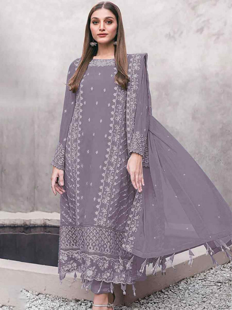 Violet Georgette Embroidered Festival Wedding Pant Salwar Kameez