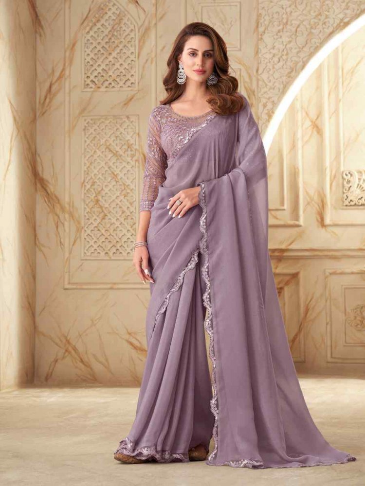 Violet Golden Silk Georgette Embroidered Party Festival Heavy Border Saree