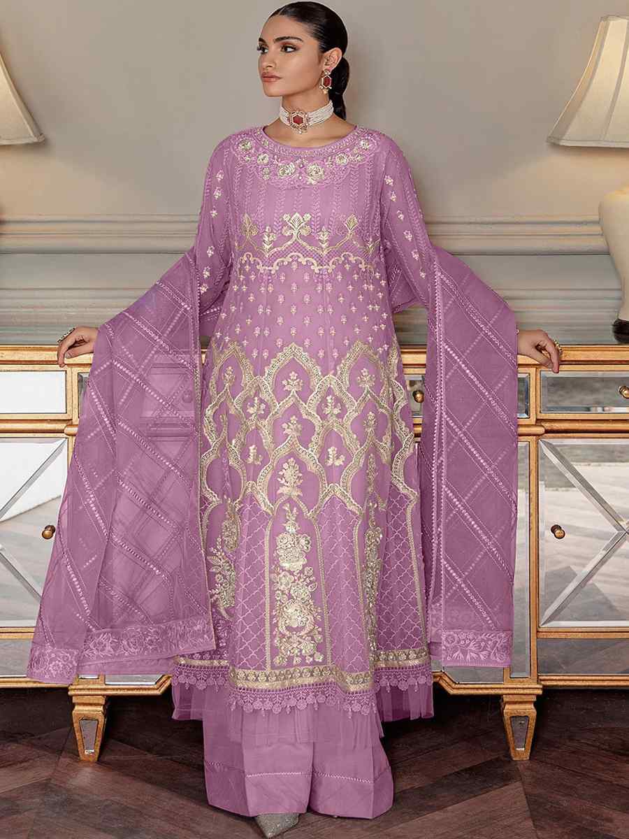 Violet Heavy Butterfly Net Embroidered Festival Party Palazzo Pant Salwar Kameez