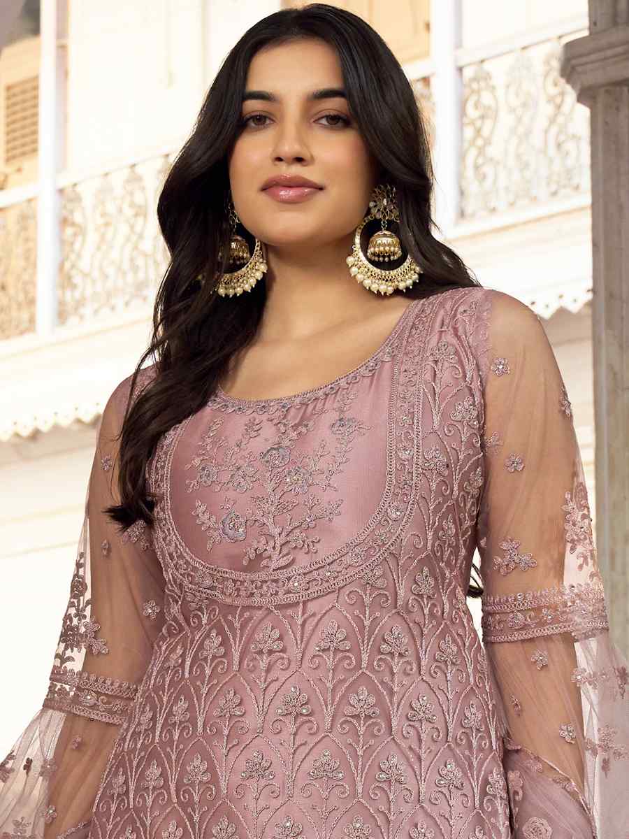 Violet Heavy Butterfly Net Embroidered Festival Wedding Pant Salwar Kameez