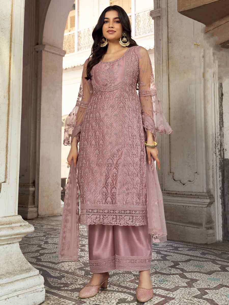 Violet Heavy Butterfly Net Embroidered Festival Wedding Pant Salwar Kameez
