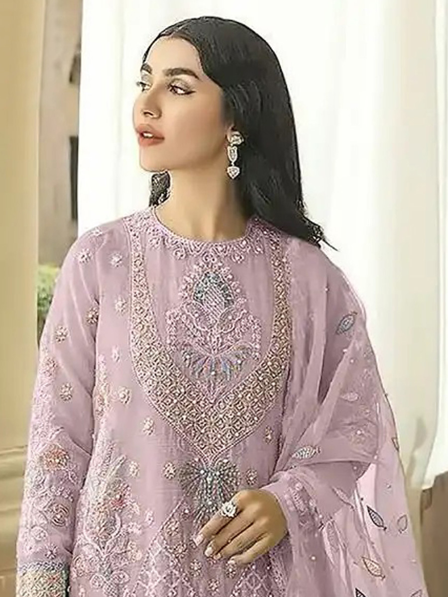 Violet Heavy Faux Georgette Embroidered Festival Wedding Pant Salwar Kameez