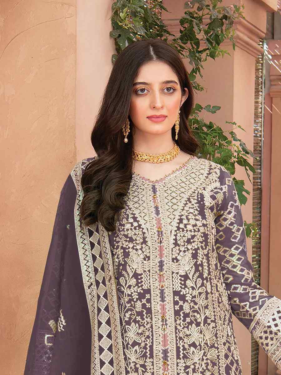 Violet Heavy Organza Embroidered Festival Casual Pant Salwar Kameez