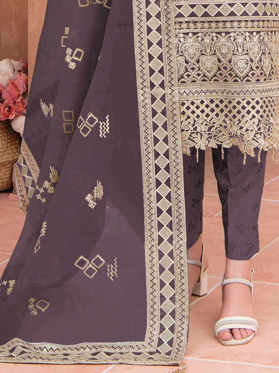Violet Heavy Organza Embroidered Festival Casual Pant Salwar Kameez